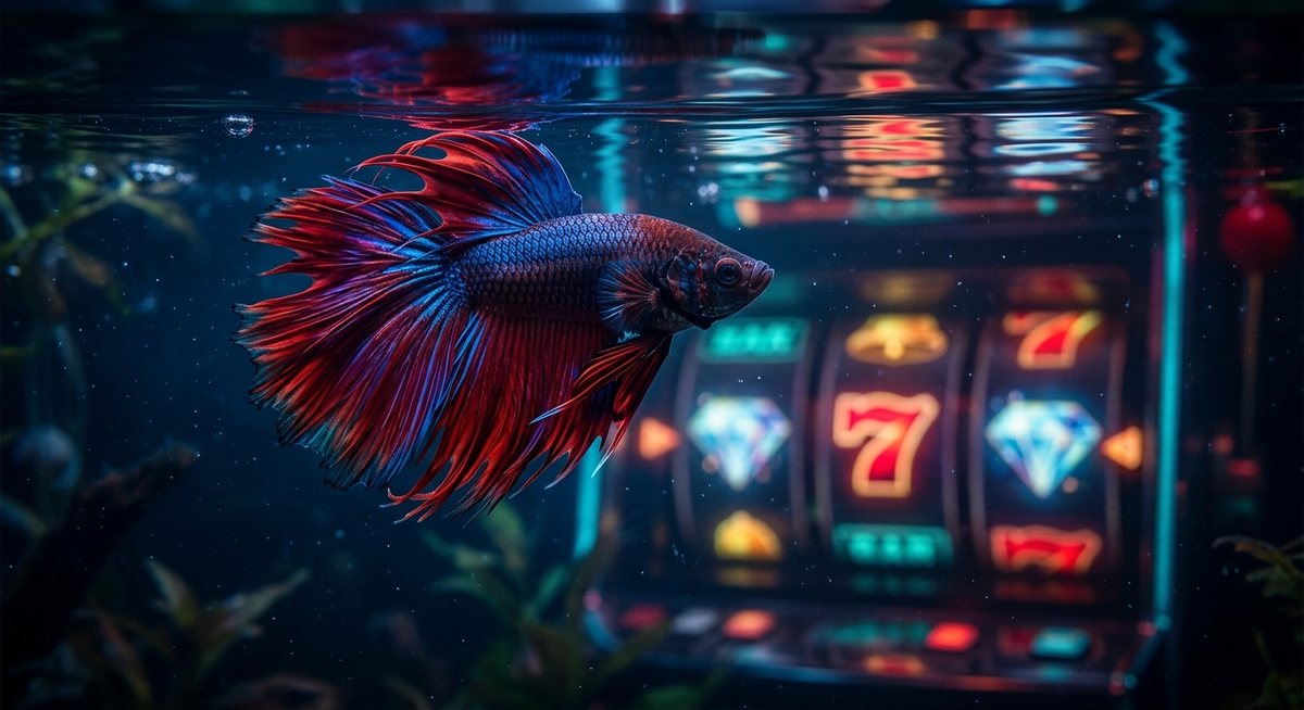 Ikan cupang hias bersirip panjang berwarna merah biru berenang dekat permukaan air