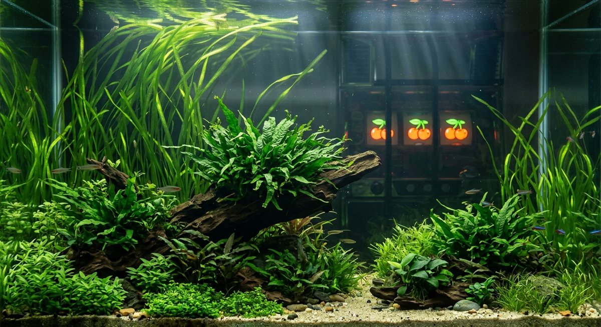 Tanaman air hijau rimbun dengan daun pita dan pakis menempel di kayu di dalam akuarium